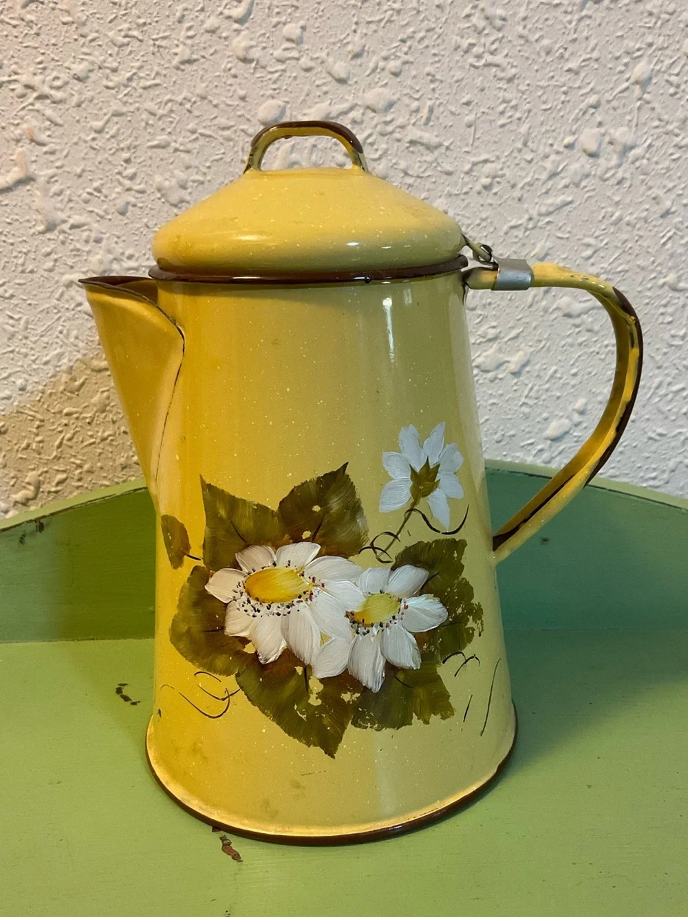 Antique Yellow White Enamelware Coffee Pot Flowers